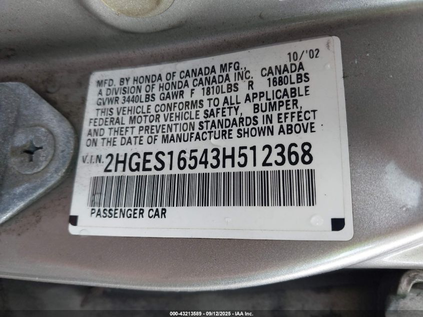 2003 Honda Civic Lx VIN: 2HGES16543H512368 Lot: 43213589