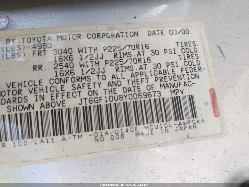 2000 Lexus Rx 300 VIN: JT6GF10U8Y0069673 Lot: 43213594