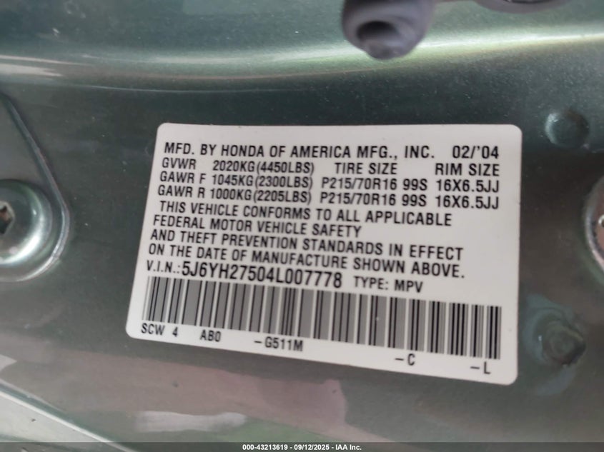 2004 Honda Element Ex VIN: 5J6YH27504L007778 Lot: 43213619