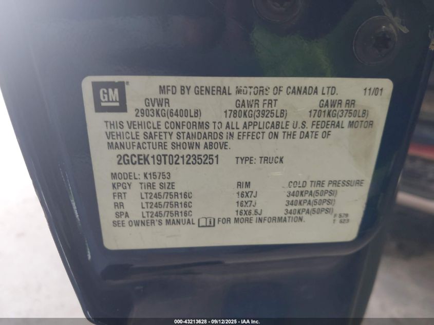 2002 Chevrolet Silverado 1500 Ls VIN: 2GCEK19T021235251 Lot: 43213628
