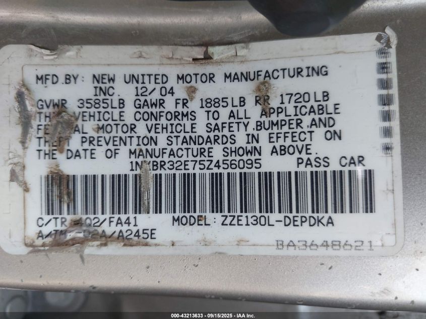 2005 Toyota Corolla Ce VIN: 1NXBR32E75Z456095 Lot: 43213633