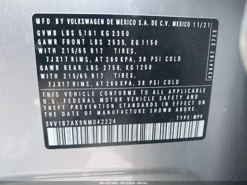 2022 Volkswagen Tiguan 2.0T S VIN: 3VV1B7AX9NM042224 Lot: 43213653