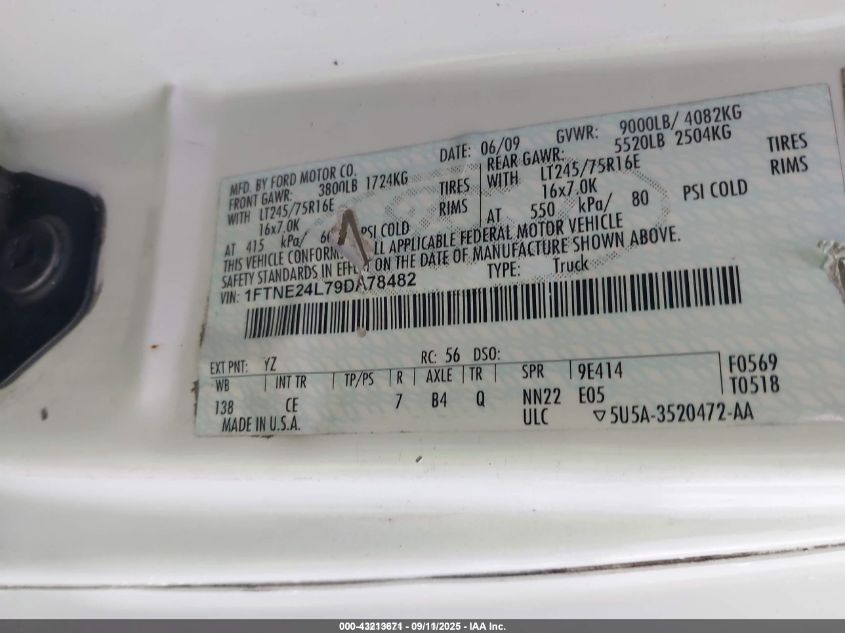 2009 Ford E-250 Commercial/Recreational VIN: 1FTNE24L79DA78482 Lot: 43213671