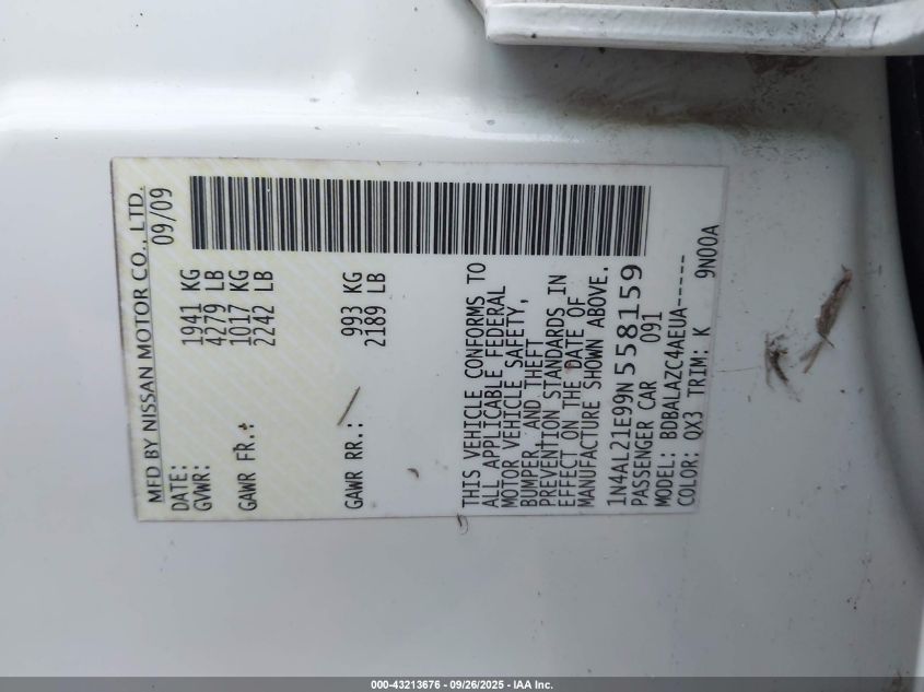 2009 Nissan Altima 2.5 VIN: 1N4AL21E99N558159 Lot: 43213676