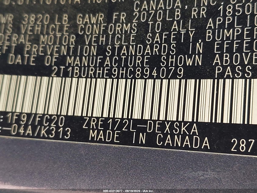 2017 Toyota Corolla Se VIN: 2T1BURHE9HC894079 Lot: 43213677