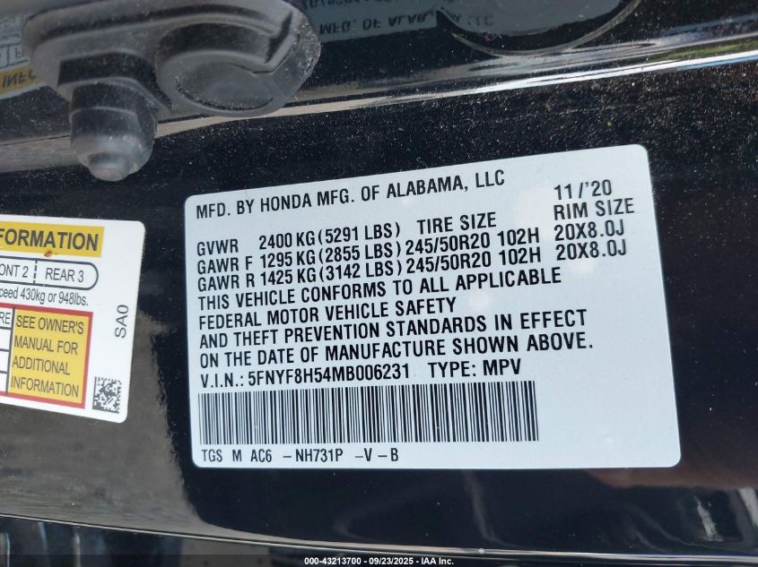 2021 Honda Passport Awd Ex-L VIN: 5FNYF8H54MB006231 Lot: 43213700