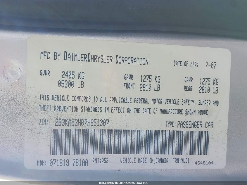 2007 Dodge Charger Rt VIN: 2B3KA53H07H851307 Lot: 43213716