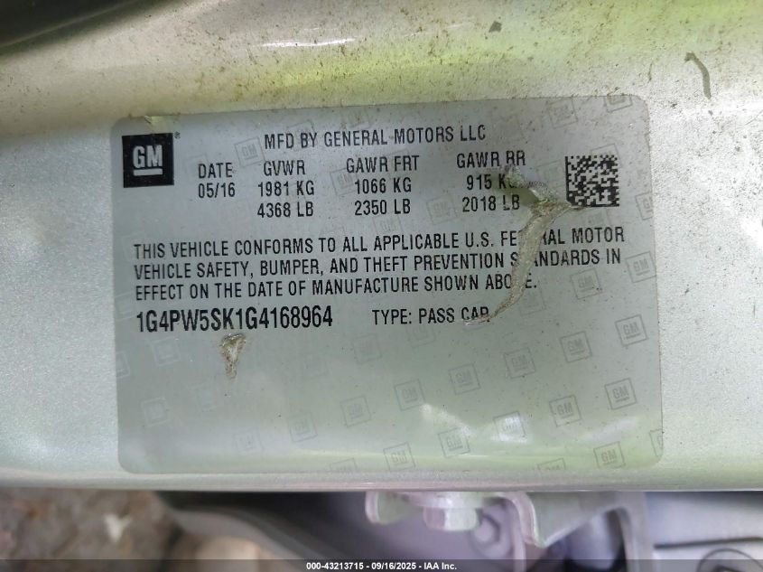 2016 Buick Verano Sport Touring Group VIN: 1G4PW5SK1G4168964 Lot: 43213715