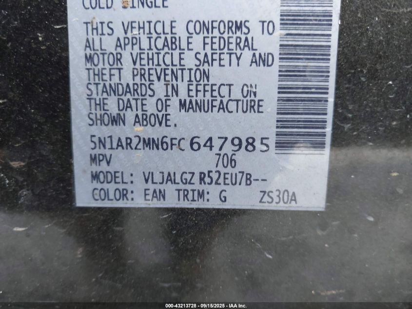 2015 Nissan Pathfinder Sl VIN: 5N1AR2MN6FC647985 Lot: 43213728