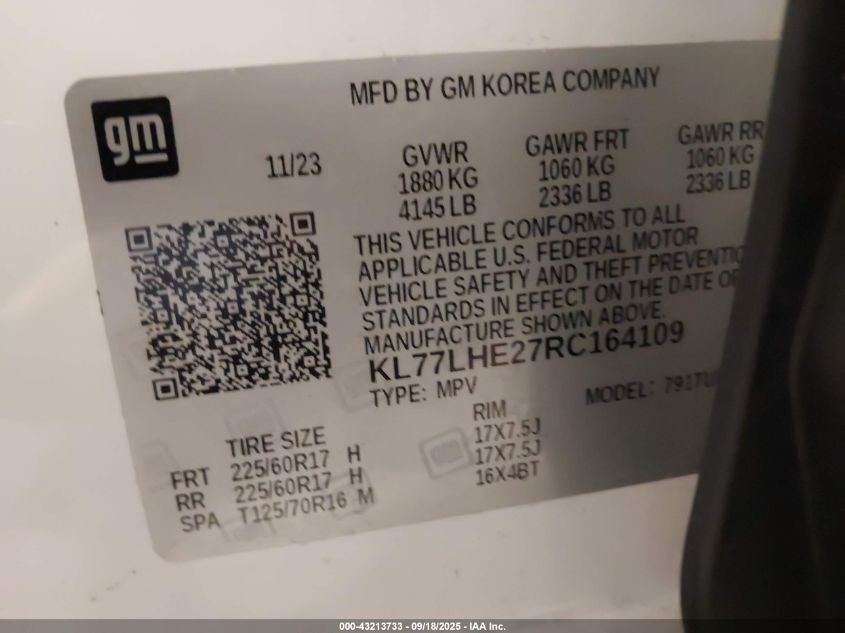 2024 Chevrolet Trax Fwd Lt VIN: KL77LHE27RC164109 Lot: 43213733