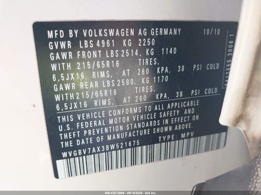 2011 Volkswagen Tiguan S VIN: WVGBV7AX3BW521675 Lot: 43213806