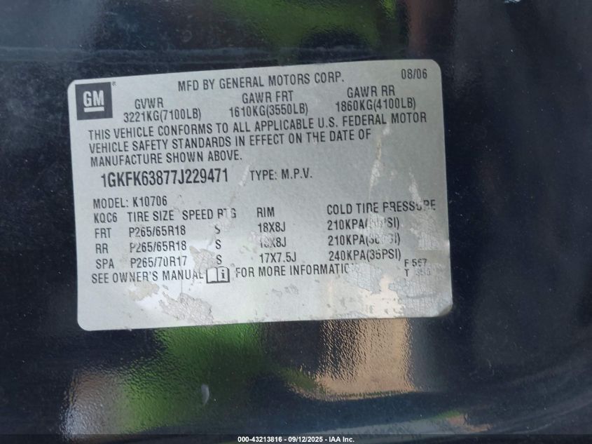 2007 GMC Yukon Denali VIN: 1GKFK63877J229471 Lot: 43213816