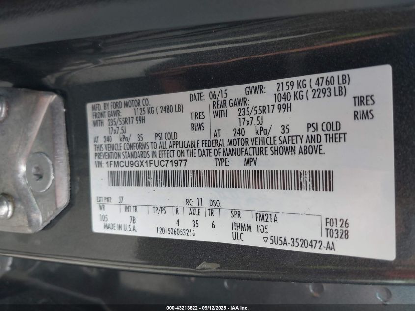 2015 Ford Escape Se VIN: 1FMCU9GX1FUC71977 Lot: 43213822