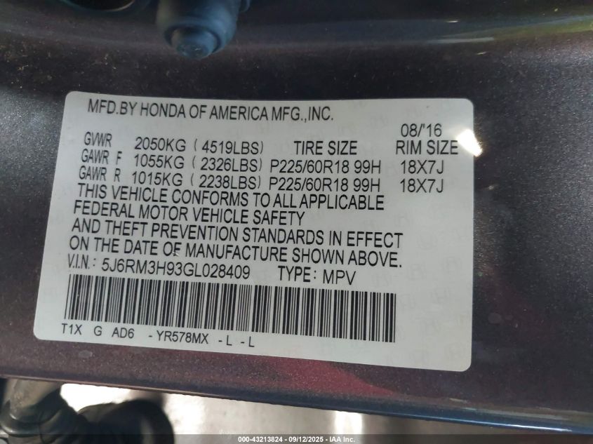 2016 Honda Cr-V Touring VIN: 5J6RM3H93GL028409 Lot: 43213824