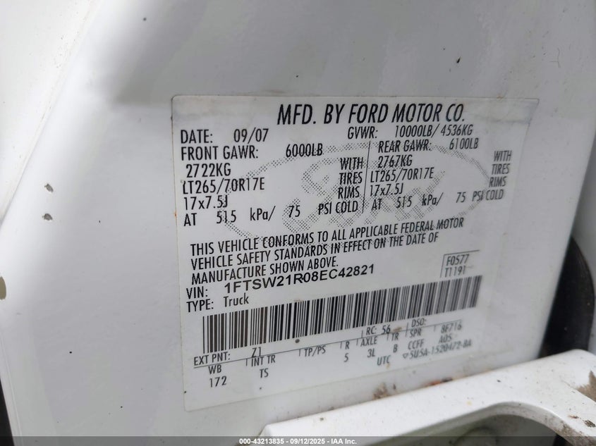 2008 Ford F-250 Fx4/Harley-Davidson/King Ranch/Lariat/Xl/Xlt VIN: 1FTSW21R08EC42821 Lot: 43213835