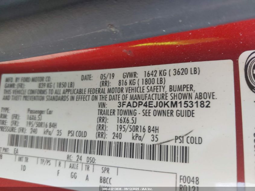 2019 Ford Fiesta Se VIN: 3FADP4EJ0KM153182 Lot: 43213836