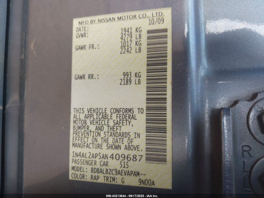 2010 Nissan Altima 2.5 S VIN: 1N4AL2AP5AN409687 Lot: 43213844