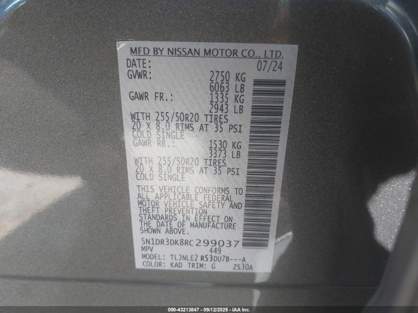 2024 Nissan Pathfinder Platinum 4Wd VIN: 5N1DR3DK8RC299037 Lot: 43213847