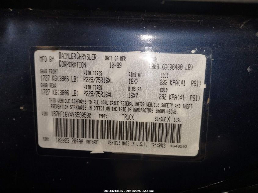 2000 Dodge Ram 1500 St VIN: 1B7HF16Y4YS590580 Lot: 43213855