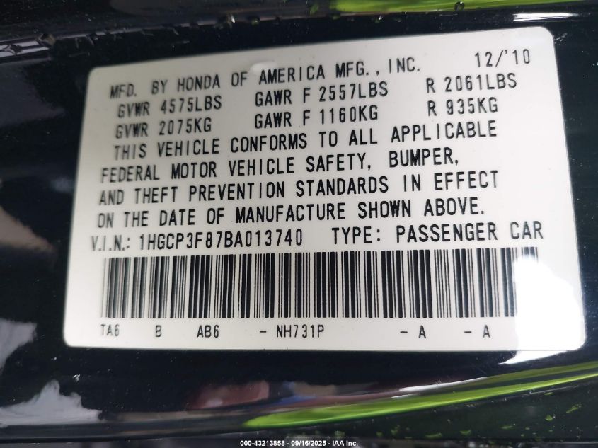 2011 Honda Accord 3.5 Ex-L VIN: 1HGCP3F87BA013740 Lot: 43213858