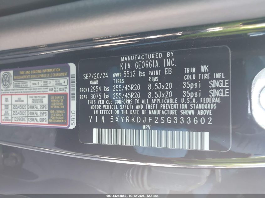 2025 Kia Sorento X-Line Sx VIN: 5XYRKDJF2SG333602 Lot: 43213859