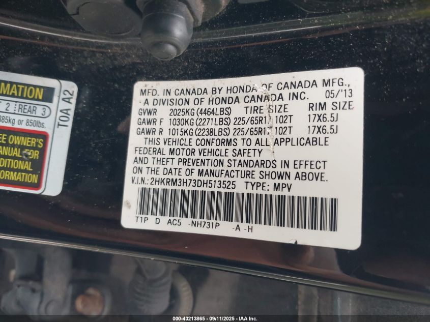 2013 Honda Cr-V Ex-L VIN: 2HKRM3H73DH513525 Lot: 43213865