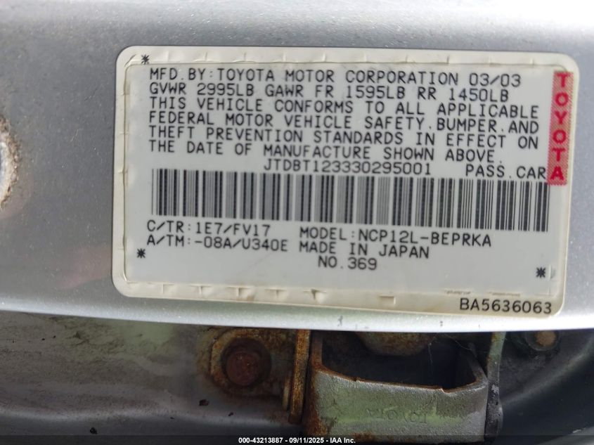 2003 Toyota Echo VIN: JTDBT123330295001 Lot: 43213887