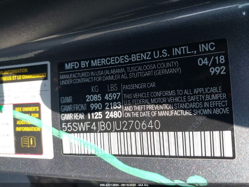 2018 Mercedes-Benz C 300 VIN: 55SWF4JB0JU270640 Lot: 43213894