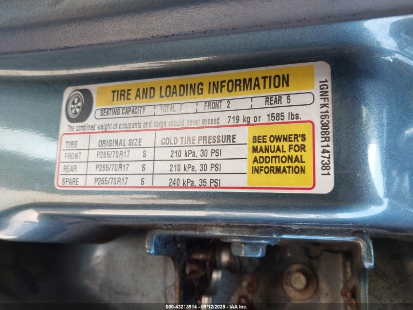 2008 Chevrolet Suburban 1500 Lt VIN: 1GNFK16308R147381 Lot: 43213914