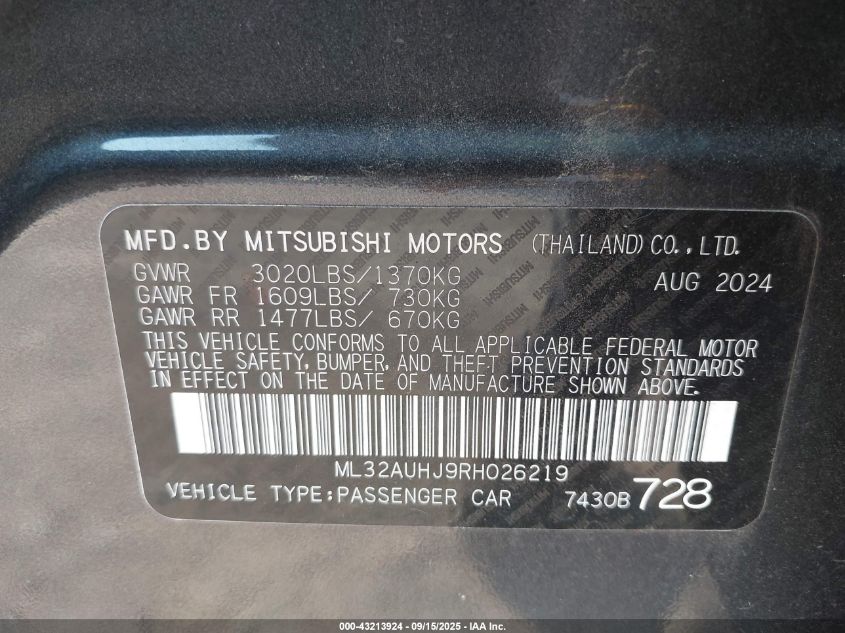 2024 Mitsubishi Mirage Es/Le VIN: ML32AUHJ9RH026219 Lot: 43213924