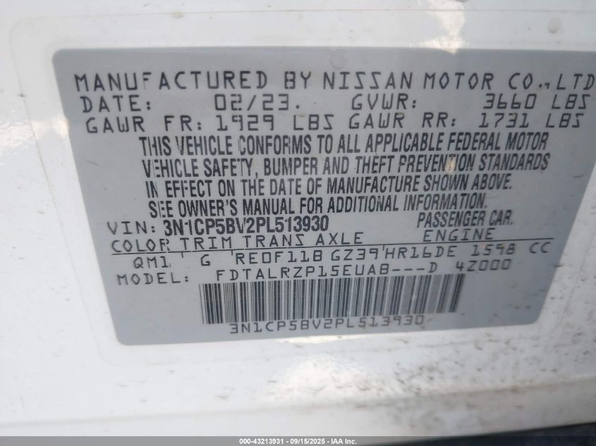 2023 Nissan Kicks S Xtronic Cvt VIN: 3N1CP5BV2PL513930 Lot: 43213931