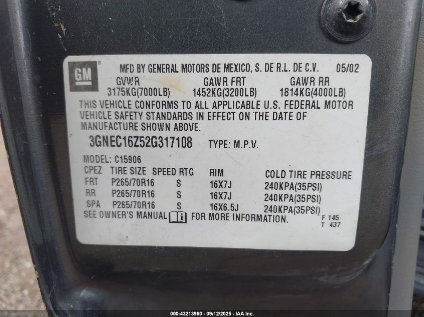 2002 Chevrolet Suburban 1500 Ls VIN: 3GNEC16Z52G317108 Lot: 43213960