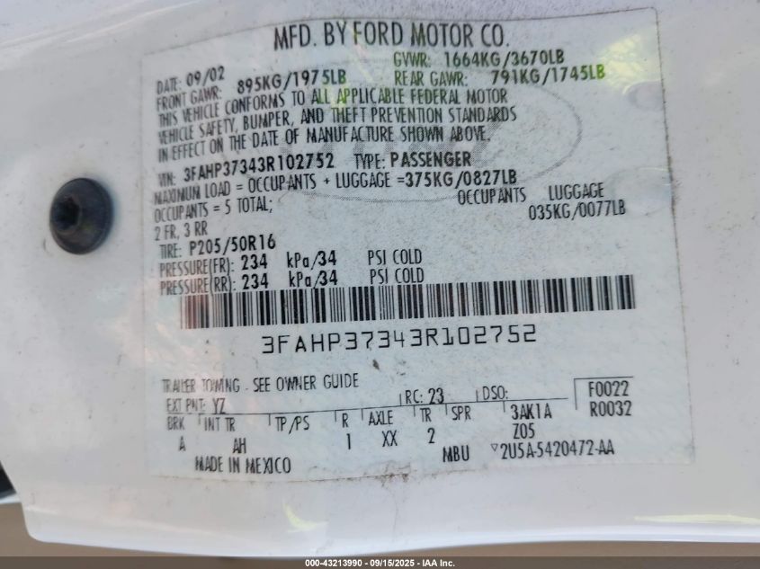 2003 Ford Focus Zx5 VIN: 3FAHP37343R102752 Lot: 43213990