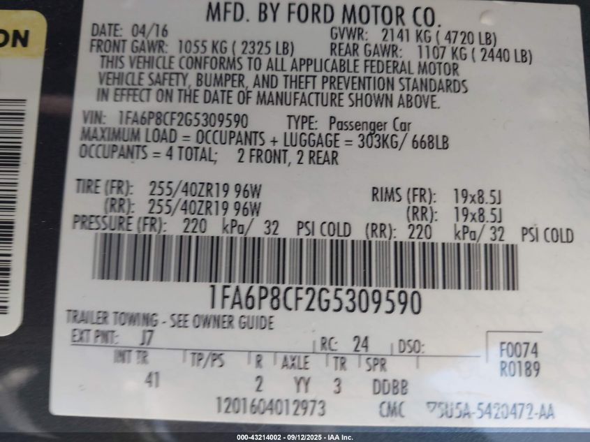 2016 Ford Mustang Gt VIN: 1FA6P8CF2G5309590 Lot: 43214002
