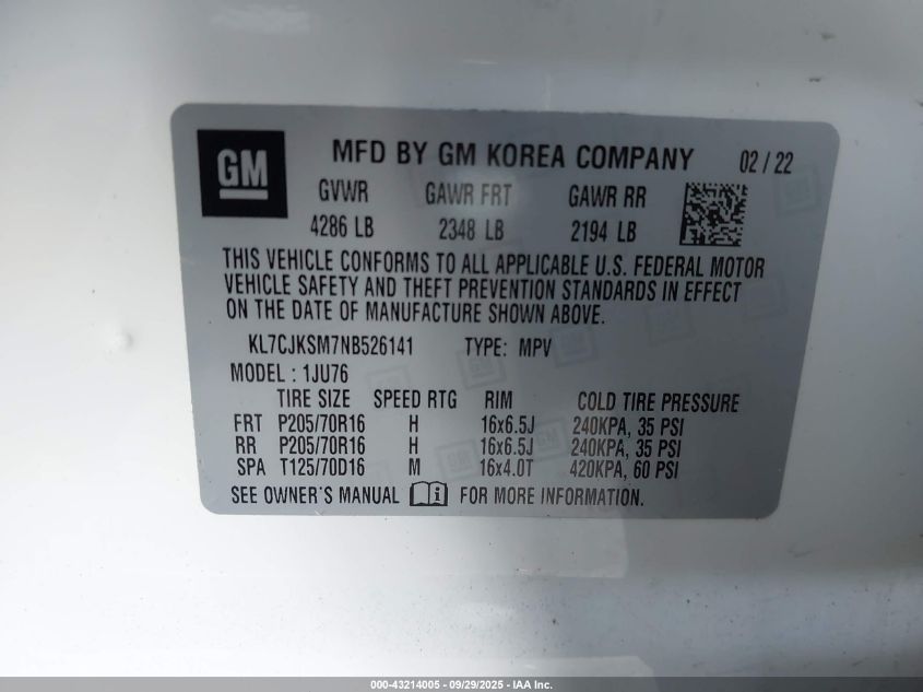 2022 Chevrolet Trax Fwd Ls VIN: KL7CJKSM7NB526141 Lot: 43214005