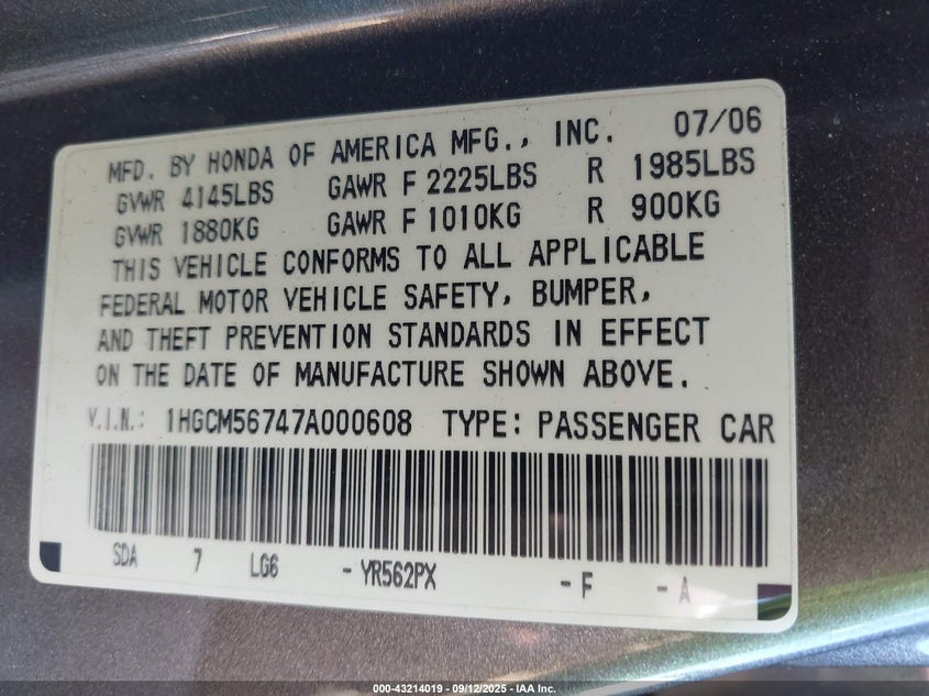 1HGCM56747A000608 2007 HONDA ACCORD photo no. 9