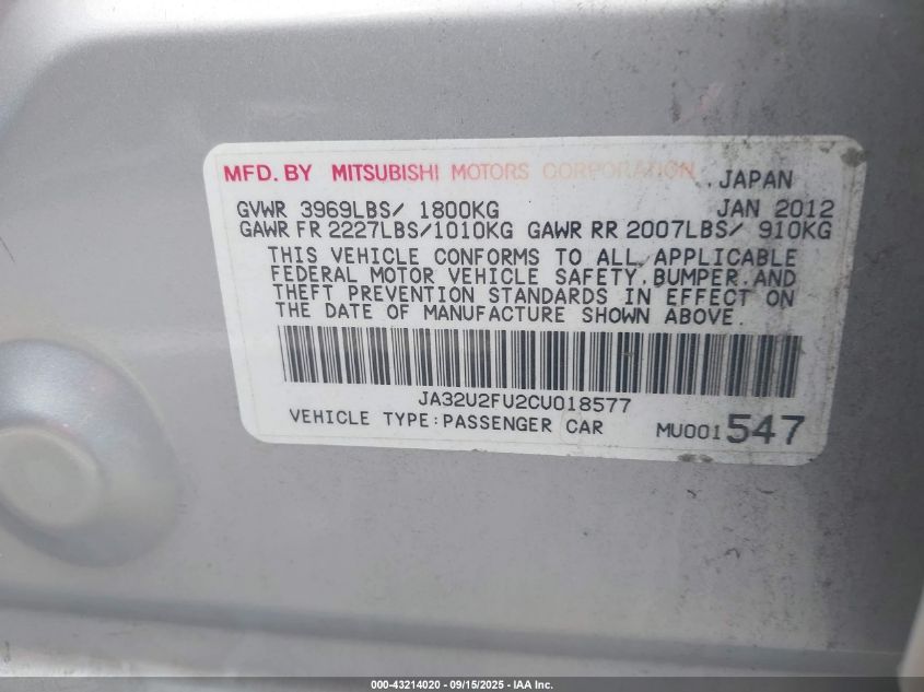 2012 Mitsubishi Lancer Es VIN: JA32U2FU2CU018577 Lot: 43214020