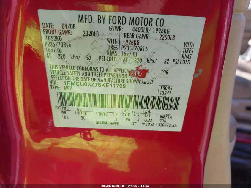 2008 Ford Escape Xlt VIN: 1FMCU03Z78KE11709 Lot: 43214030