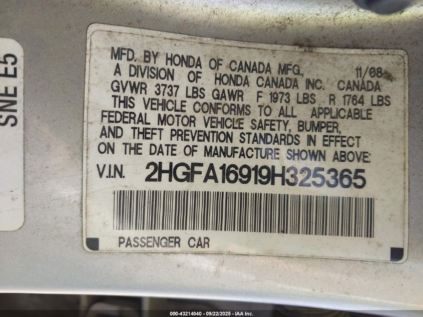 2009 Honda Civic Ex-L VIN: 2HGFA16919H325365 Lot: 43214040