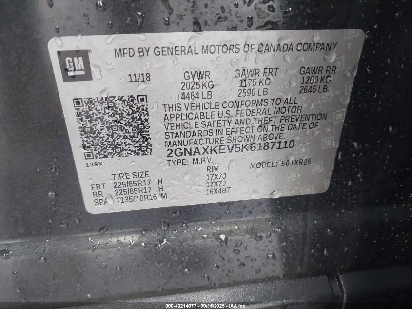 2019 Chevrolet Equinox Lt VIN: 2GNAXKEV5K6187110 Lot: 43214077