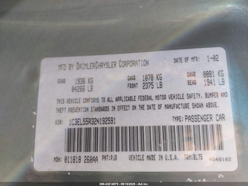 2002 Chrysler Sebring Lxi VIN: 1C3EL55R32N192591 Lot: 43214079