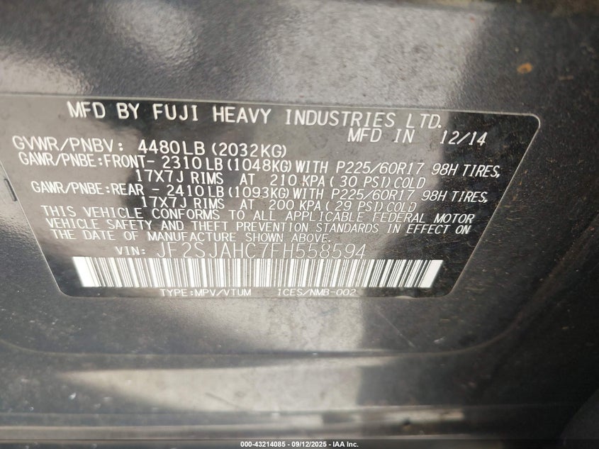 2015 SUBARU FORESTER 2.5I LIMITED - JF2SJAHC7FH558594