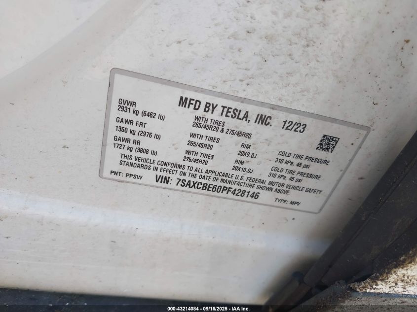 2023 Tesla Model X Plaid Tri Motor All-Wheel Drive VIN: 7SAXCBE60PF428146 Lot: 43214084