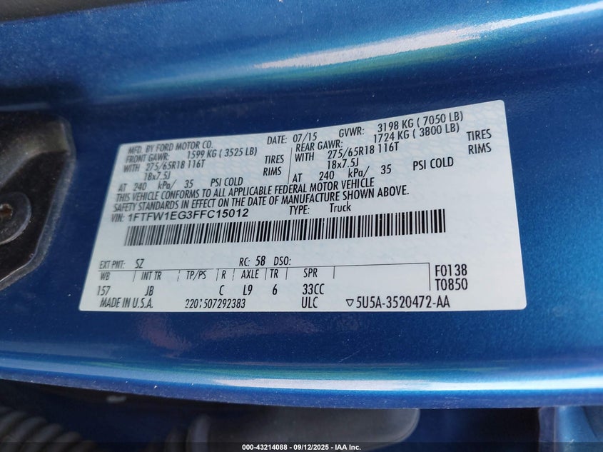 2015 FORD F-150 XLT 1FTFW1EG3FFC15012