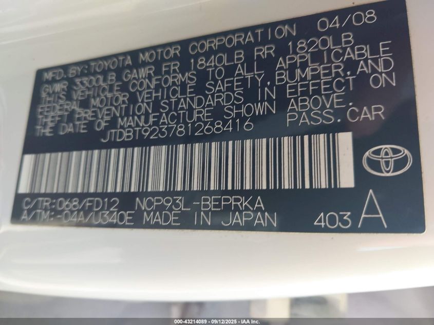 2008 Toyota Yaris VIN: JTDBT923781268416 Lot: 43214089