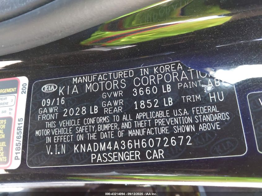 2017 Kia Rio Lx VIN: KNADM4A36H6072672 Lot: 43214094