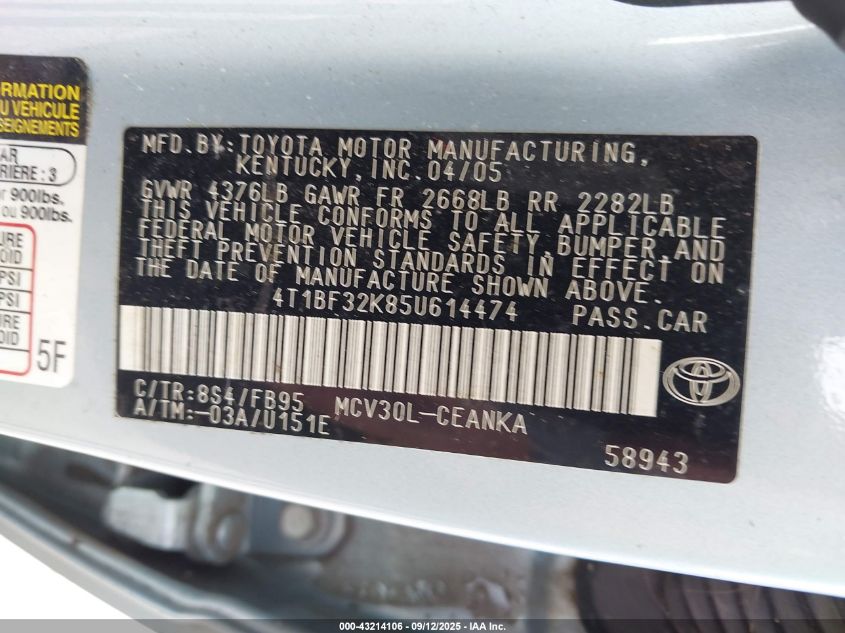 2005 Toyota Camry Le V6 VIN: 4T1BF32K85U614474 Lot: 43214106