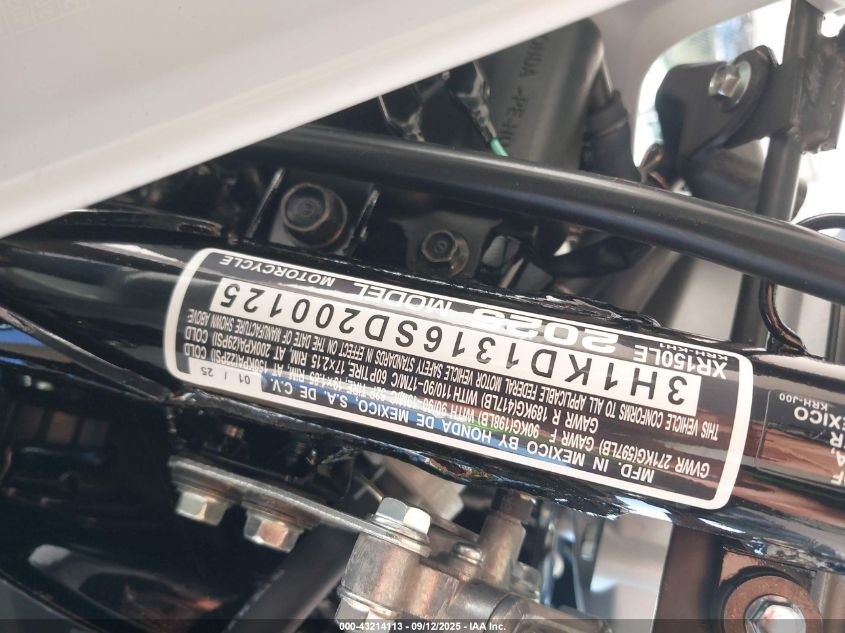 2025 Honda Xr150L E VIN: 3H1KD1316SD200125 Lot: 43214113