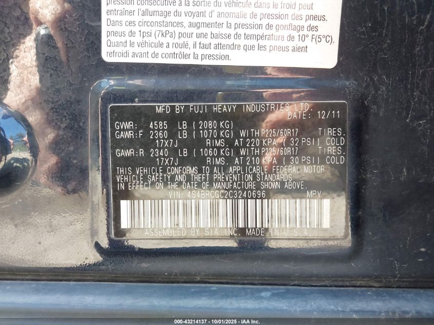 2012 Subaru Outback 2.5I Premium VIN: 4S4BRCGC2C3240696 Lot: 43214137