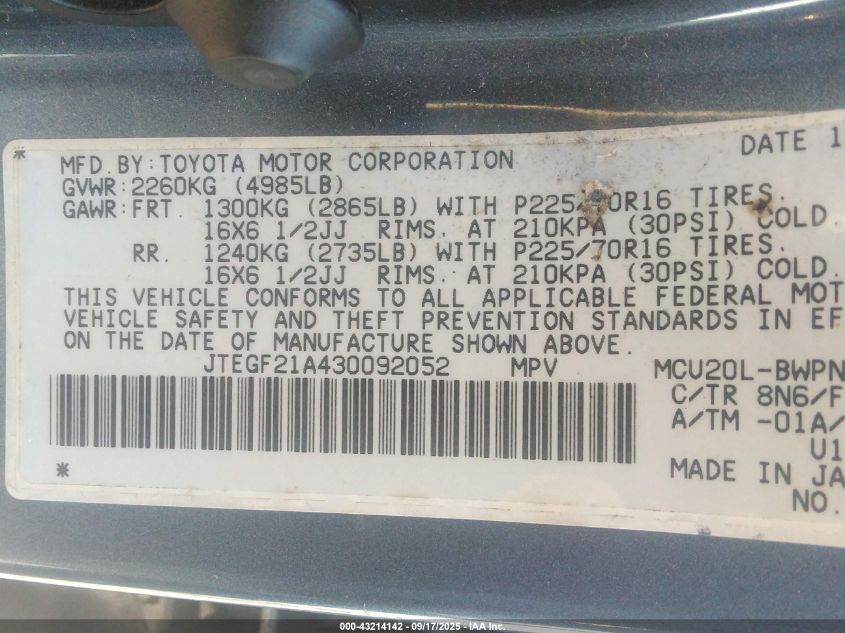 2003 Toyota Highlander Limited V6 VIN: JTEGF21A430092052 Lot: 43214142